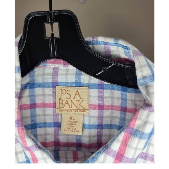 Jos A Banks blue pink plaid short sleeve button down linen shirt - xl - Picture 3 of 4